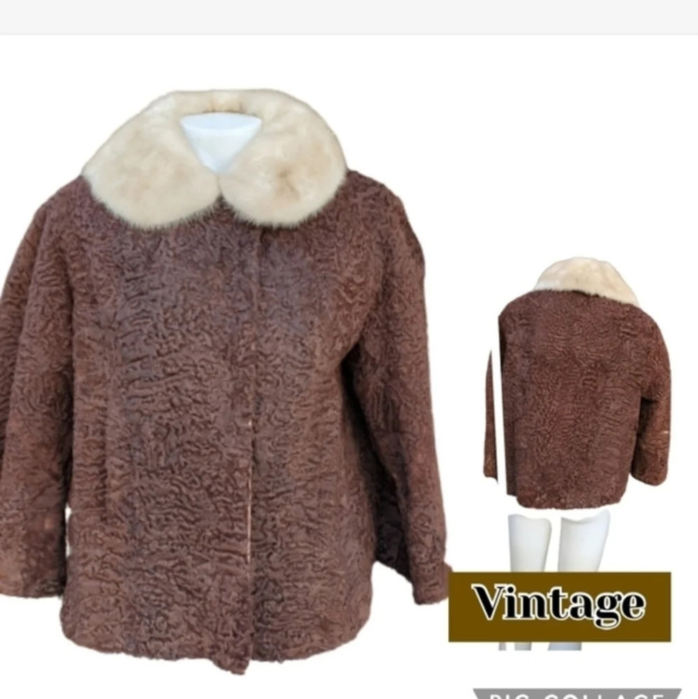 Vintage Persian Lamb & Mink Fur Jacket Brown Cream Collar S- L